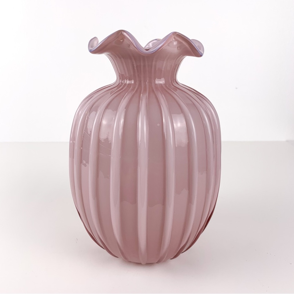 Hand blown cased glass vase by Fenton or Mt Washington Glass w/ ribbing & ruffle